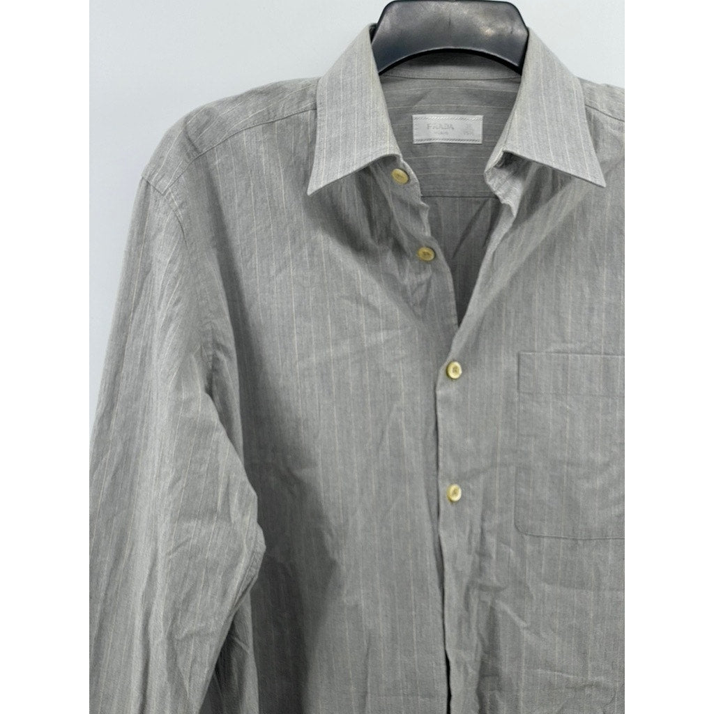 PRADA MILANO Men's Light Gray Striped Button-Up Long Sleeve Shirt SZ 15.5