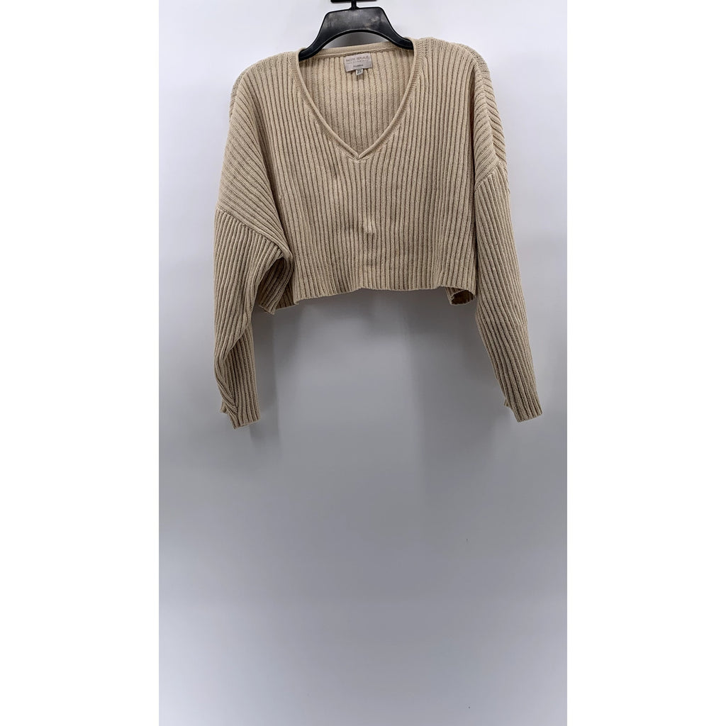 PULL&BEAR PACIFIC REPUBLIC Women's Tan Rib V-Neck Long Sleeve Cropped Top SZ XS