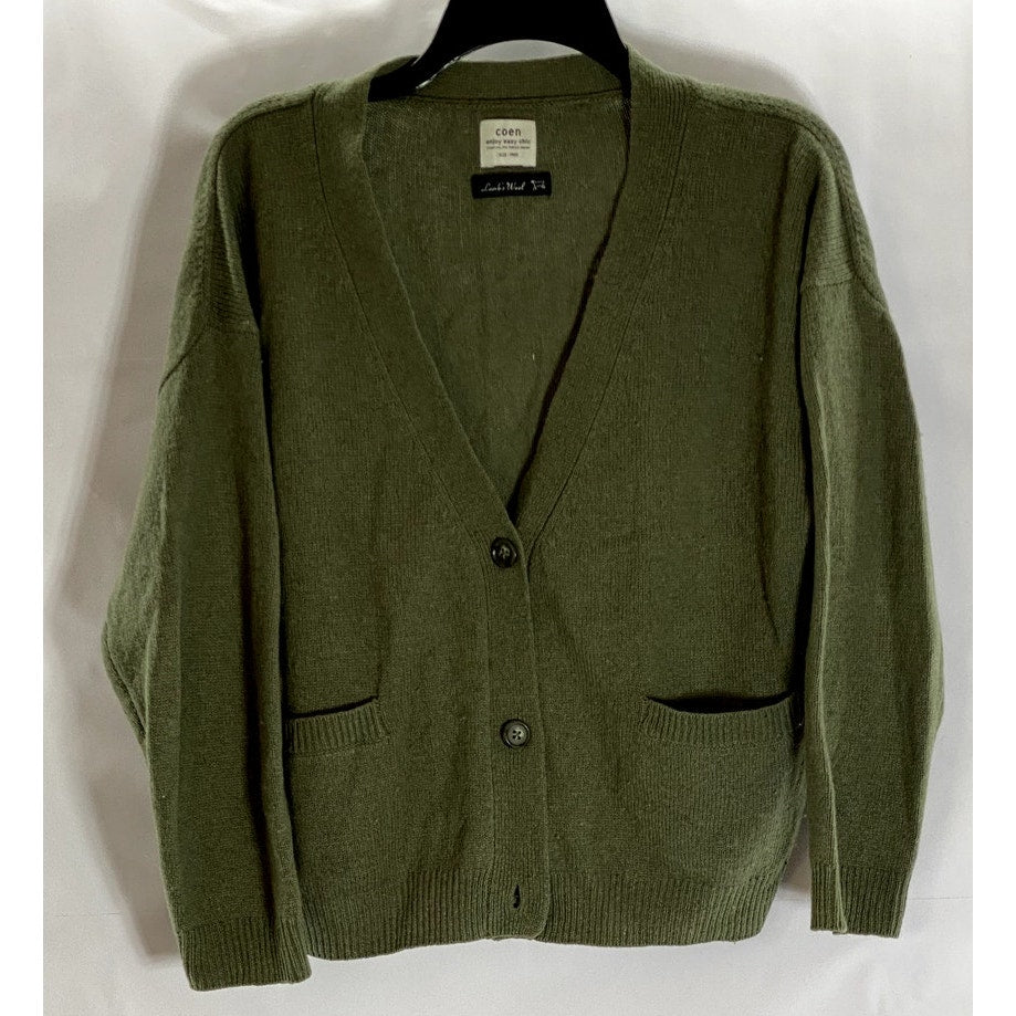 COEN Enjoy Easy Chic Women's Army Green Three-Button Lambswool Cardigan SZ OS