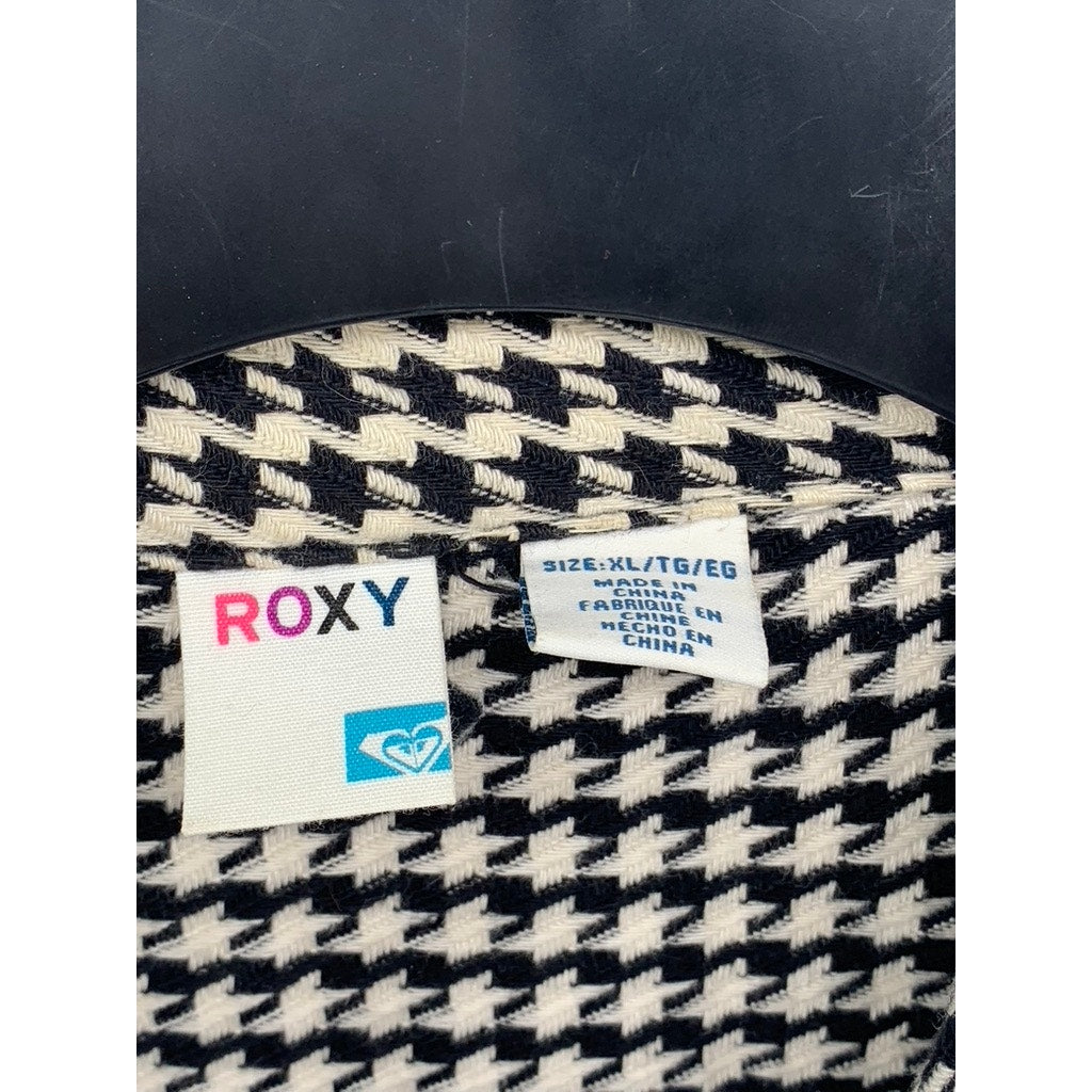 ROXY Women's Black-White Houndstooth Cotton Button-Up Cropped Top SZ XL