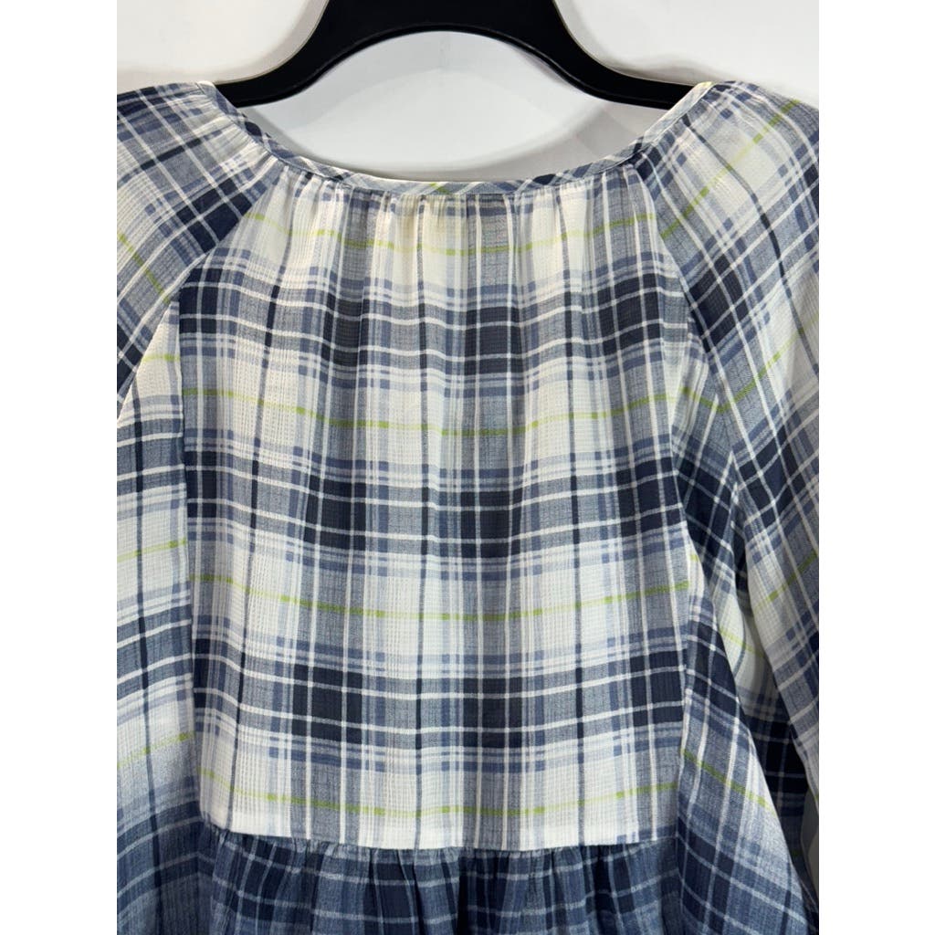 PRINCESS VERA WANG Women's Blue/White Ombre Plaid Tie-Cuff Long Sleeve Top SZ S