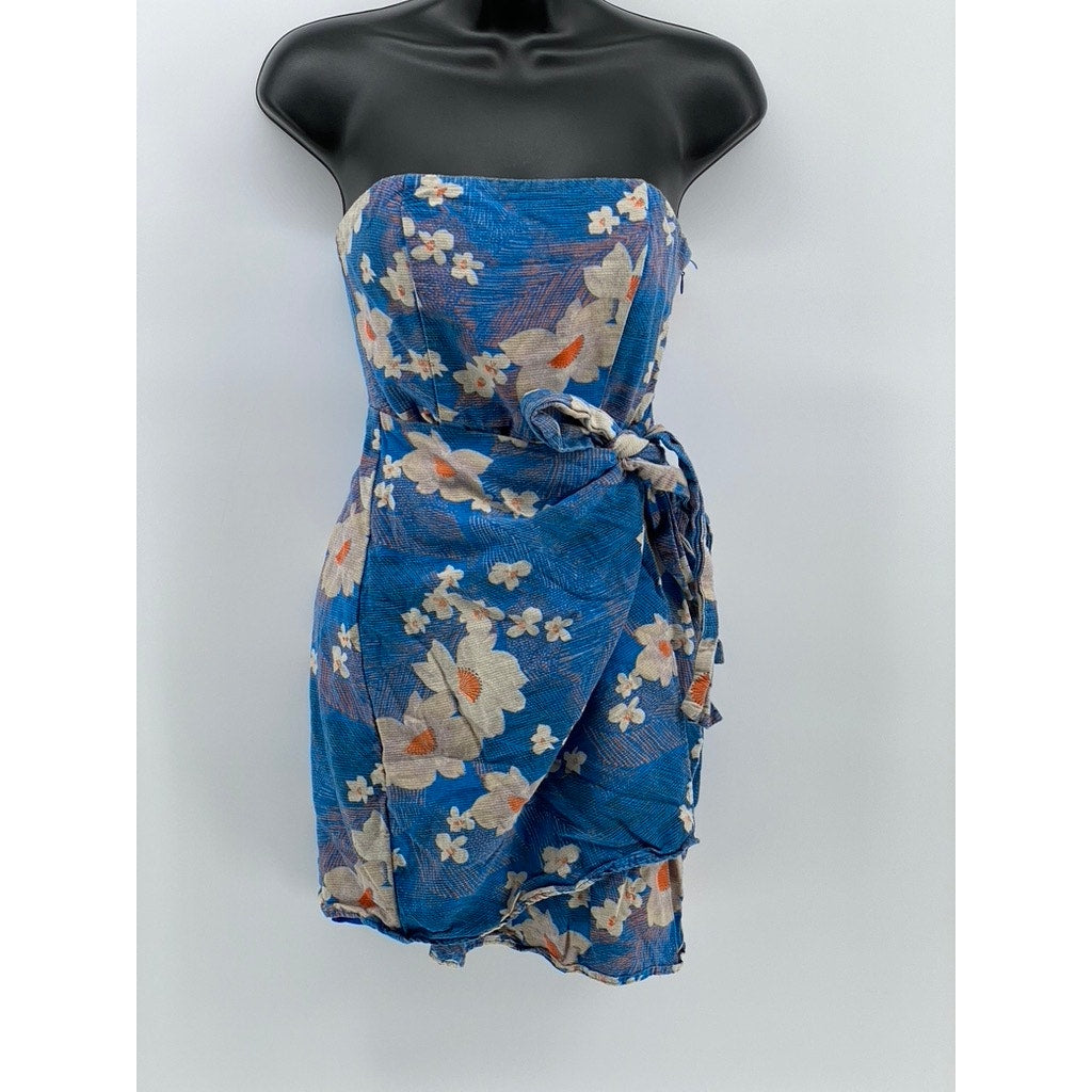URBAN OUTFITTERS Women's Blue Floral Juliette Strapless Wrap Mini Dress SZ XS