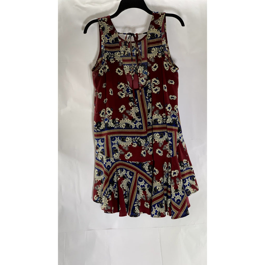 JODIFL Women's Burgundy-Beige-Blue Printed Scoop-Neck Tank Mini Dress SZ M