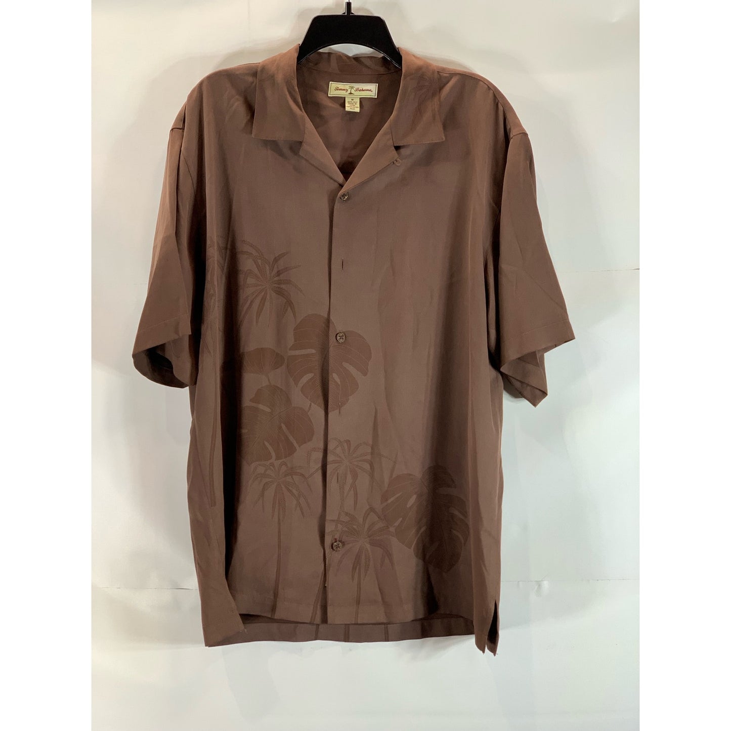 TOMMY BAHAMA Men's Brown Silk Leaf Print Button-Up Short Sleeve Shirt SZ M