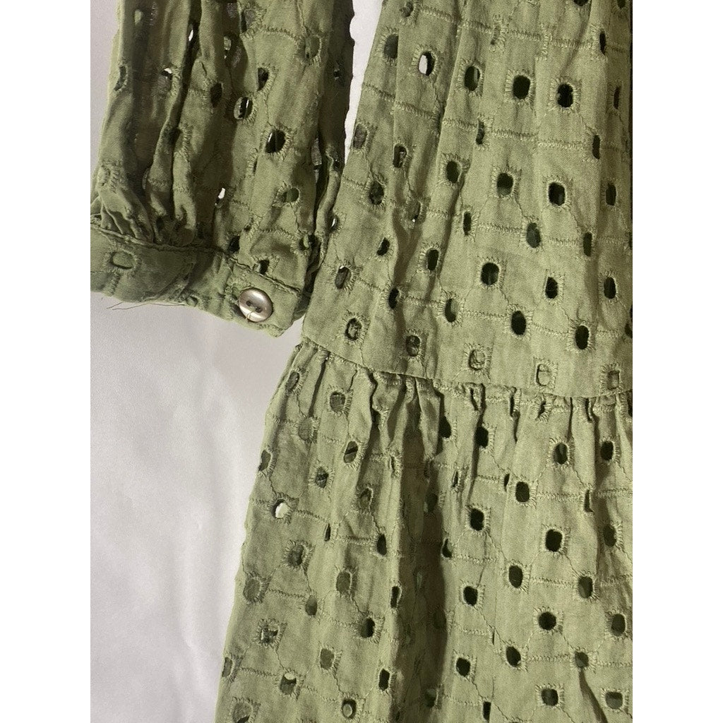 ASOS Women's Dark Green Eyelet Tie-Neck Long Sleeve Tiered Mini Dress SZ 2