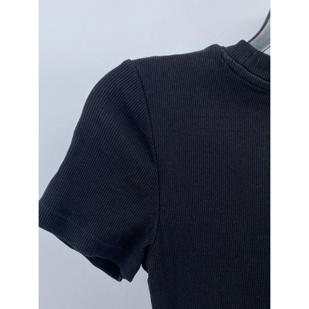 ZARA Women's Black Rib-Knit Crewneck Short Sleeve Casual Bodycon Midi Dress SZ S