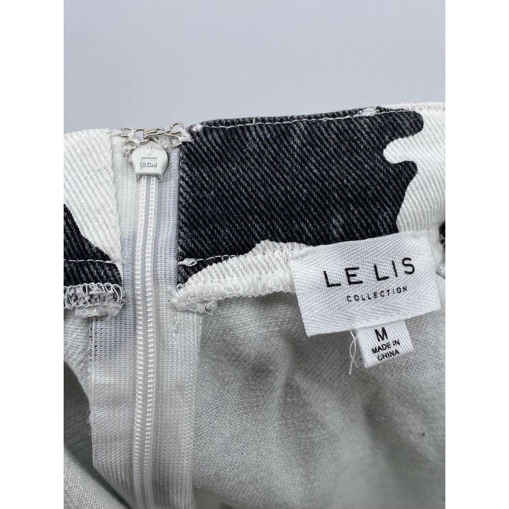 LE LIS Women's Black-White Animal-Print Denim Split-Hem Straight Mini Skirt SZ M
