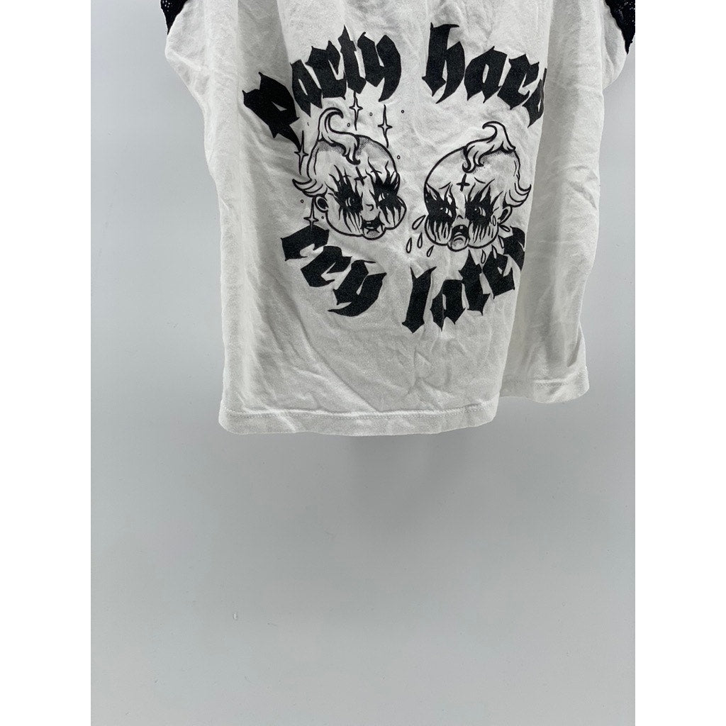 EYECANDY Women's White-Black Lace-Trim Party Hard Cry Later Cropped Tank SZ L