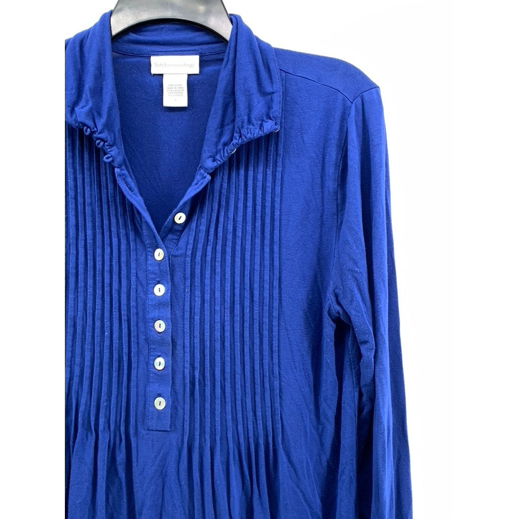SOFT SURROUNDINGS Women's Royal Blue Pleated Long Sleeve Buttonp-Up Top SZ M