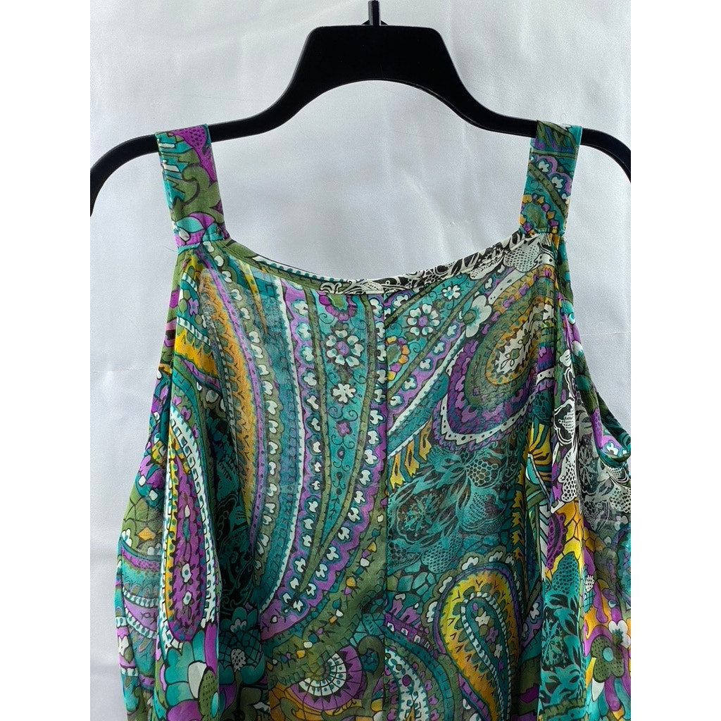 MANDEE Women's Green Sheer Printed Straight-Neck Cutout Shoulder Top SZ S