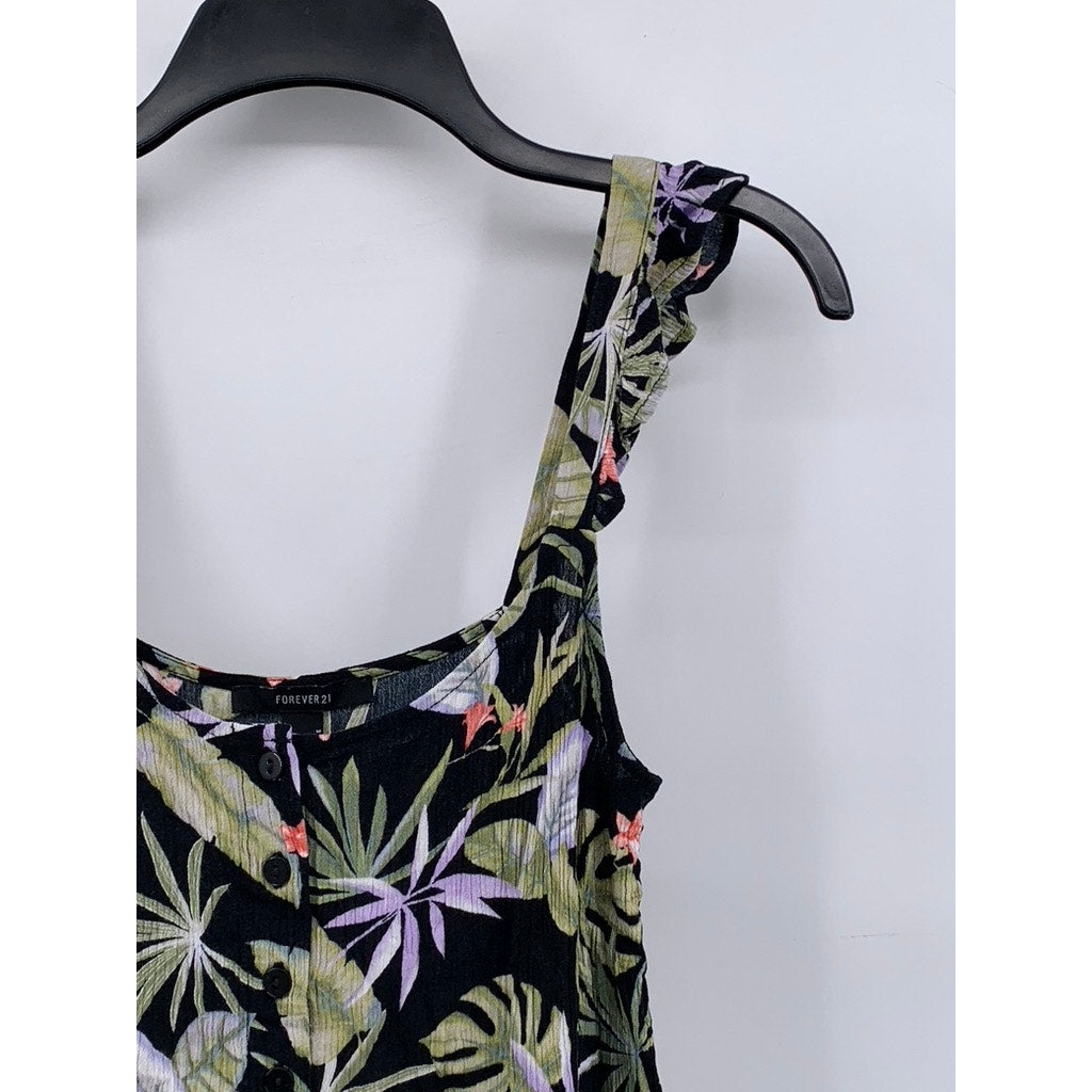 FOREVER 21 Women's Black-Floral Button A-Line Mini Dress SZ M