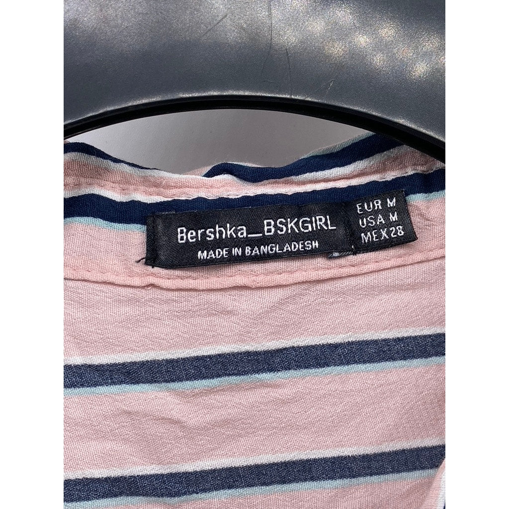 BERSHKA_BSKGIRL Women's Pink-Blue Striped Button-Up Short Sleeve Top SZ M