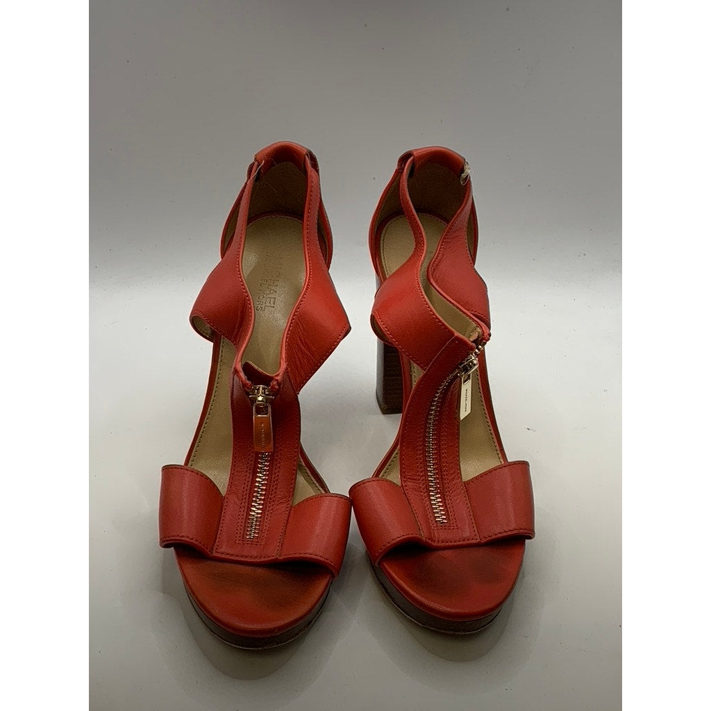 MICHAEL KORS Women's Red Coral Leather Berkley T-Strap Platform Heels SZ 7