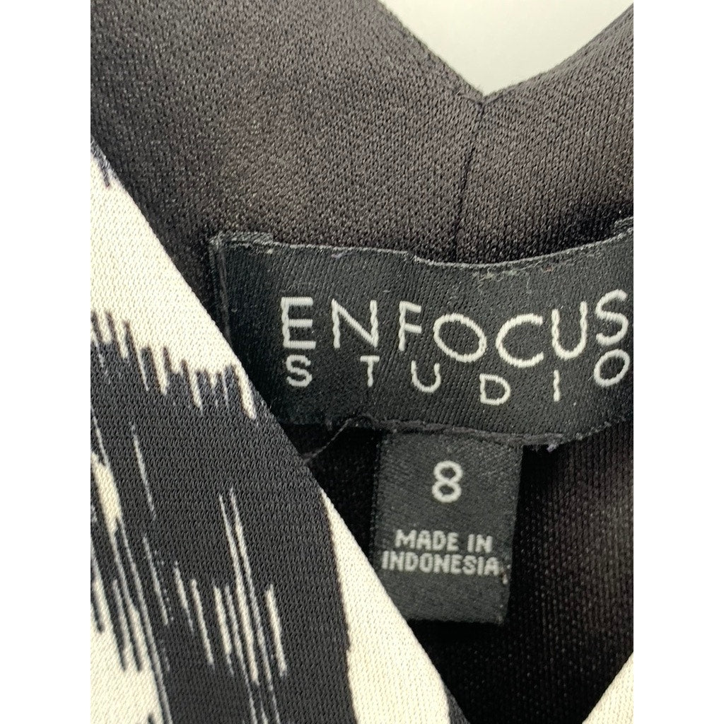 ENFOCUS STUDIO Women's Black-White Printed Sleeveless V-Neck Sheath Dress SZ 8