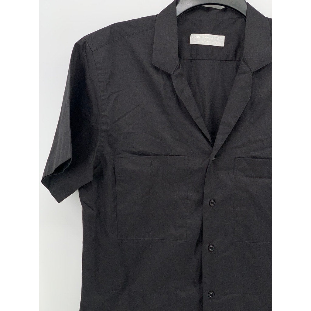 FASHION GALERIA Men's Black Short Sleeve Button-Up Regular-Fit Shirt SZ M