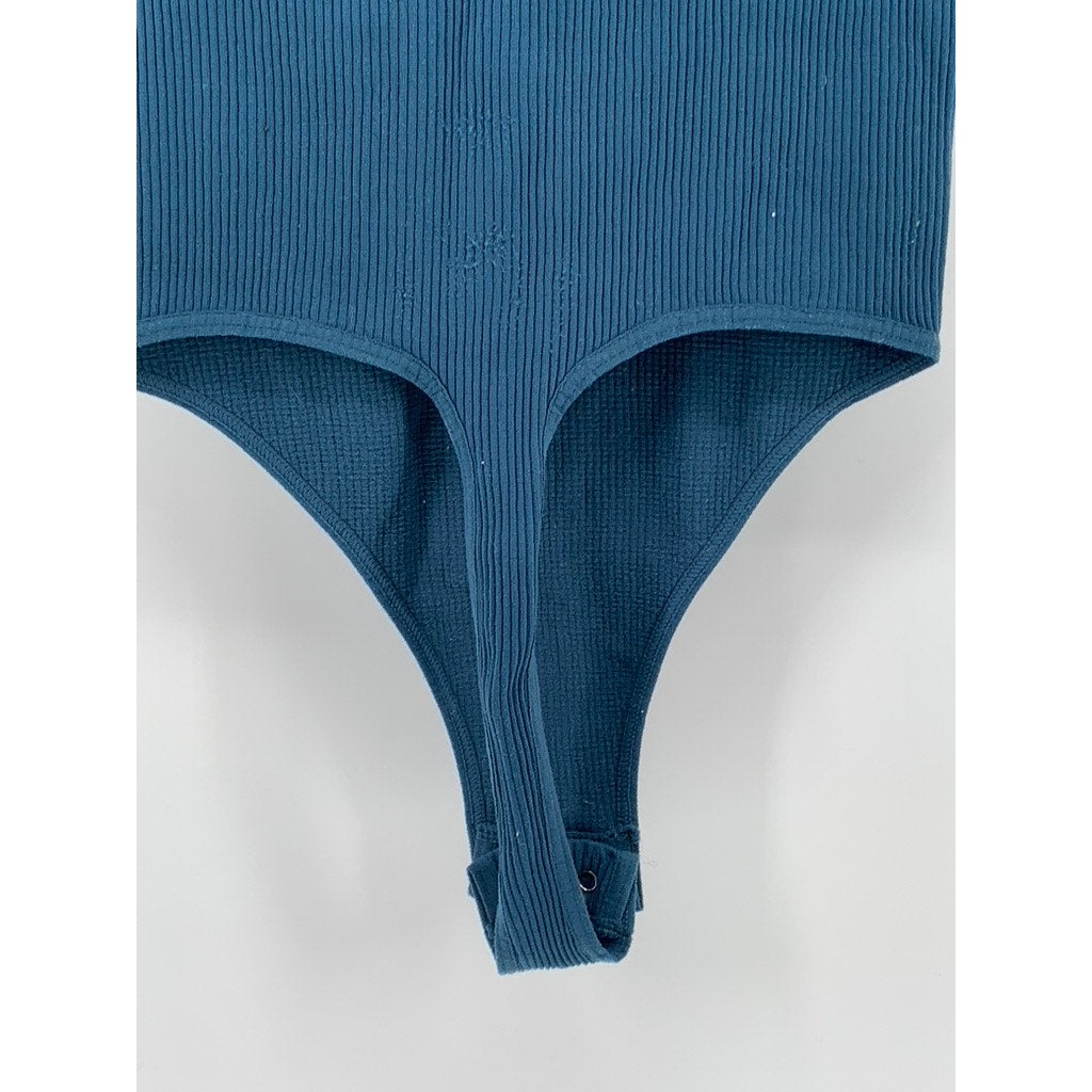 FREE PEOPLE INTIMATELY Women's Blue Ribbed V-Neck Cap Sleeve Bodysuit SZ XS/S