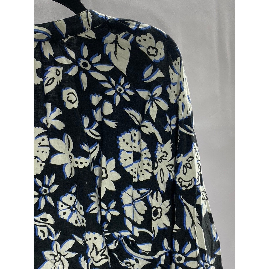 ZARA Women's Black/White Floral V-Neck Long Sleeve Tunic Top SZ S
