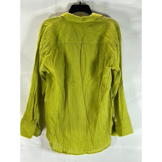 H&M Women's Yellow-Green Oversized Crinkle Long Sleeve Button-Up Top SZ S