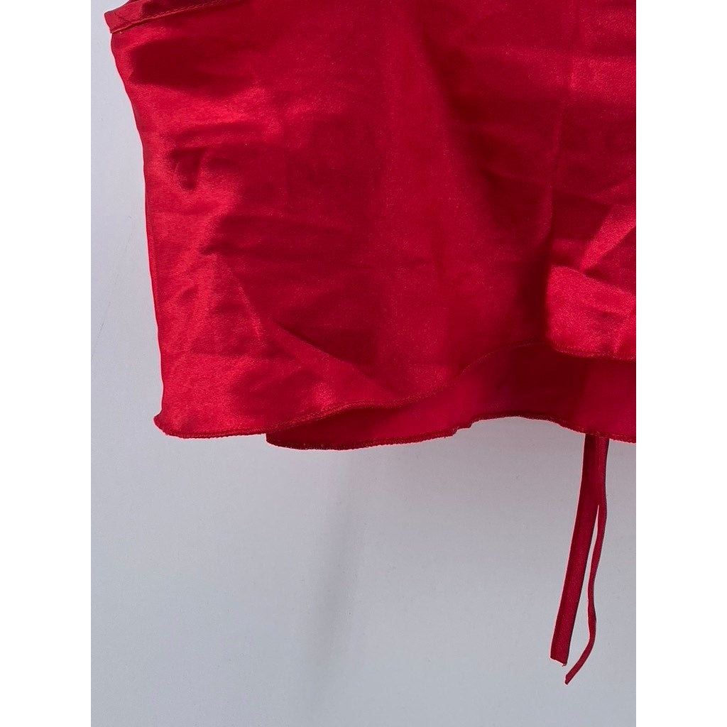 UNBRANDED Women's Red Satin V-Neck Spaghetti Strap Cropped Tank Top SZ M