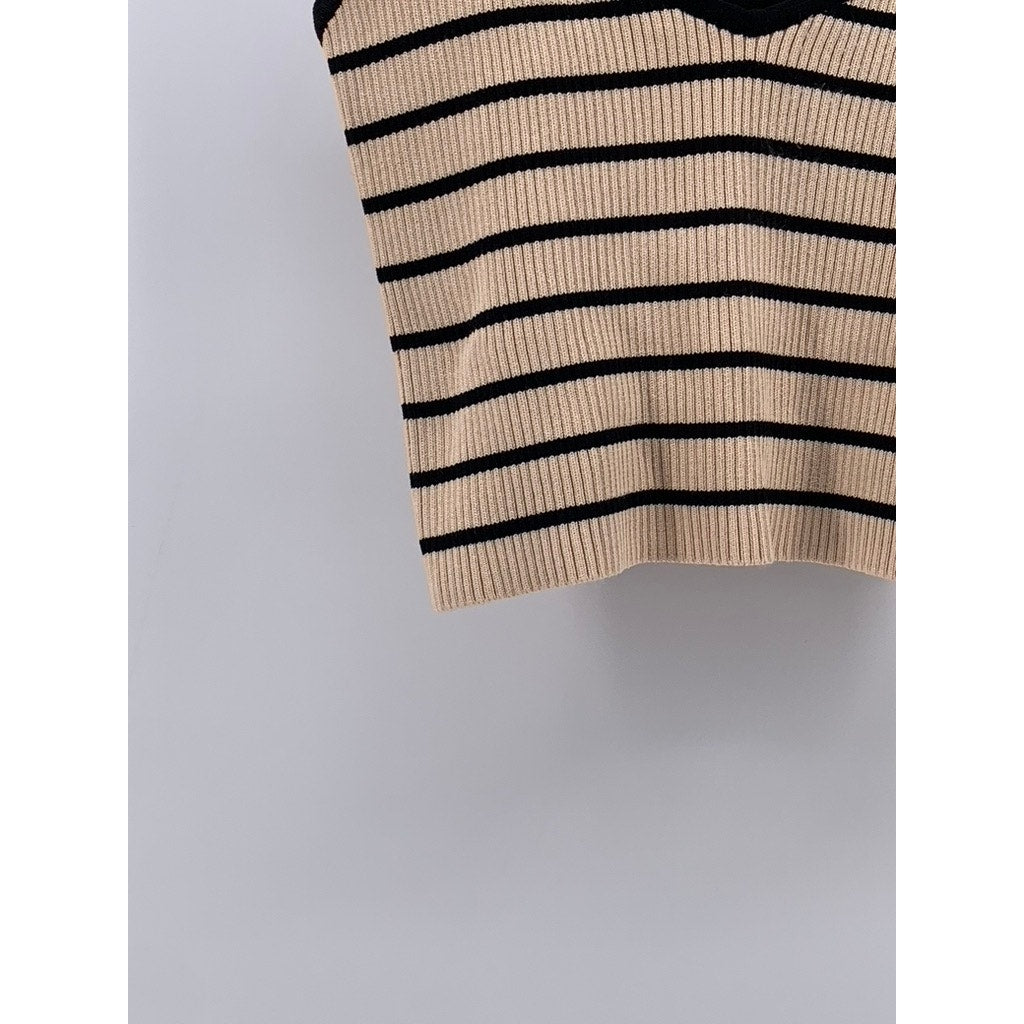COMMENSE Women's Beige-Black Striped Spaghetti Strap V-Neck Cropped Top SZ L