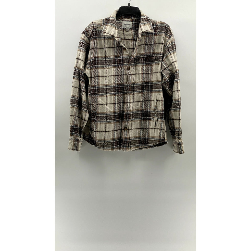 GOODFELLOW & CO Men's Beige-Brown-Blue Plaid Button-Up Flannel Shirt SZ M
