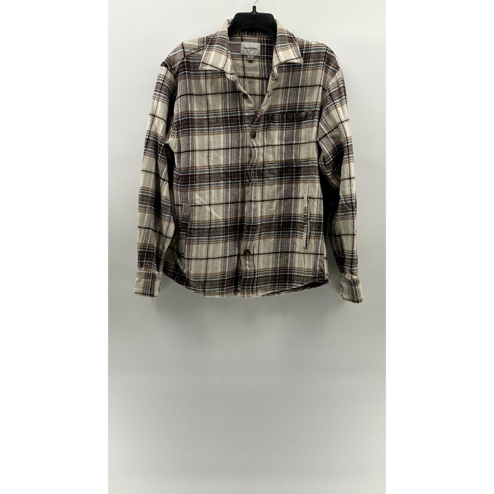 GOODFELLOW & CO Men's Beige-Brown-Blue Plaid Button-Up Flannel Shirt SZ M