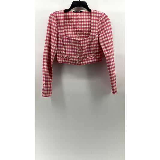 ZARA Women’s Pink Gingham Button-Up Straight Neck Long Sleeve Crop Top SZ M