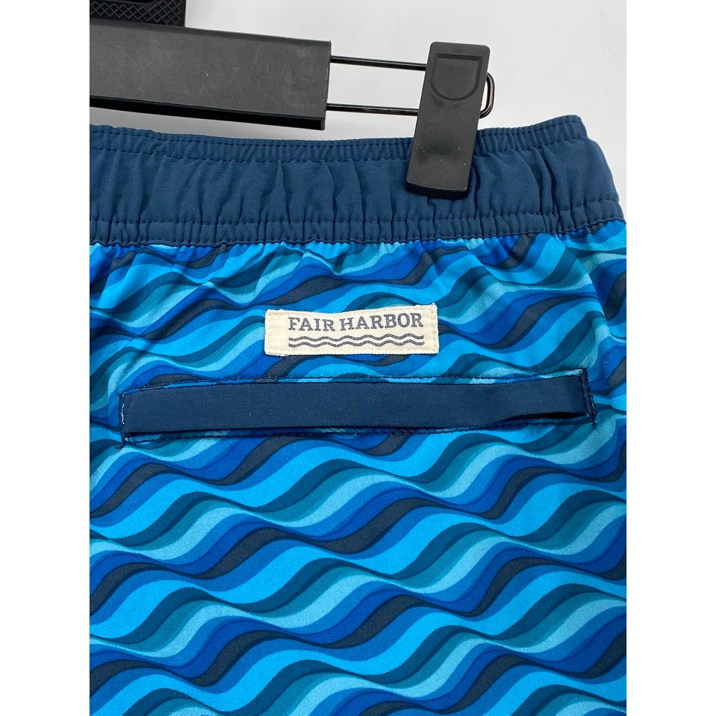 FAIR HARBOR Men's Dark Blue Wave Print Drawstring Swim Trunks SZ M