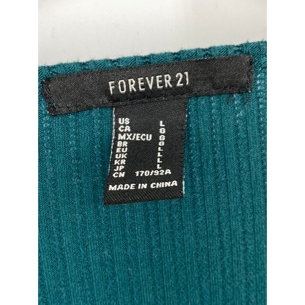 FOREVER 21 Women’s Emerald Green V-Neck Ribbed Long Sleeve Top SZ L