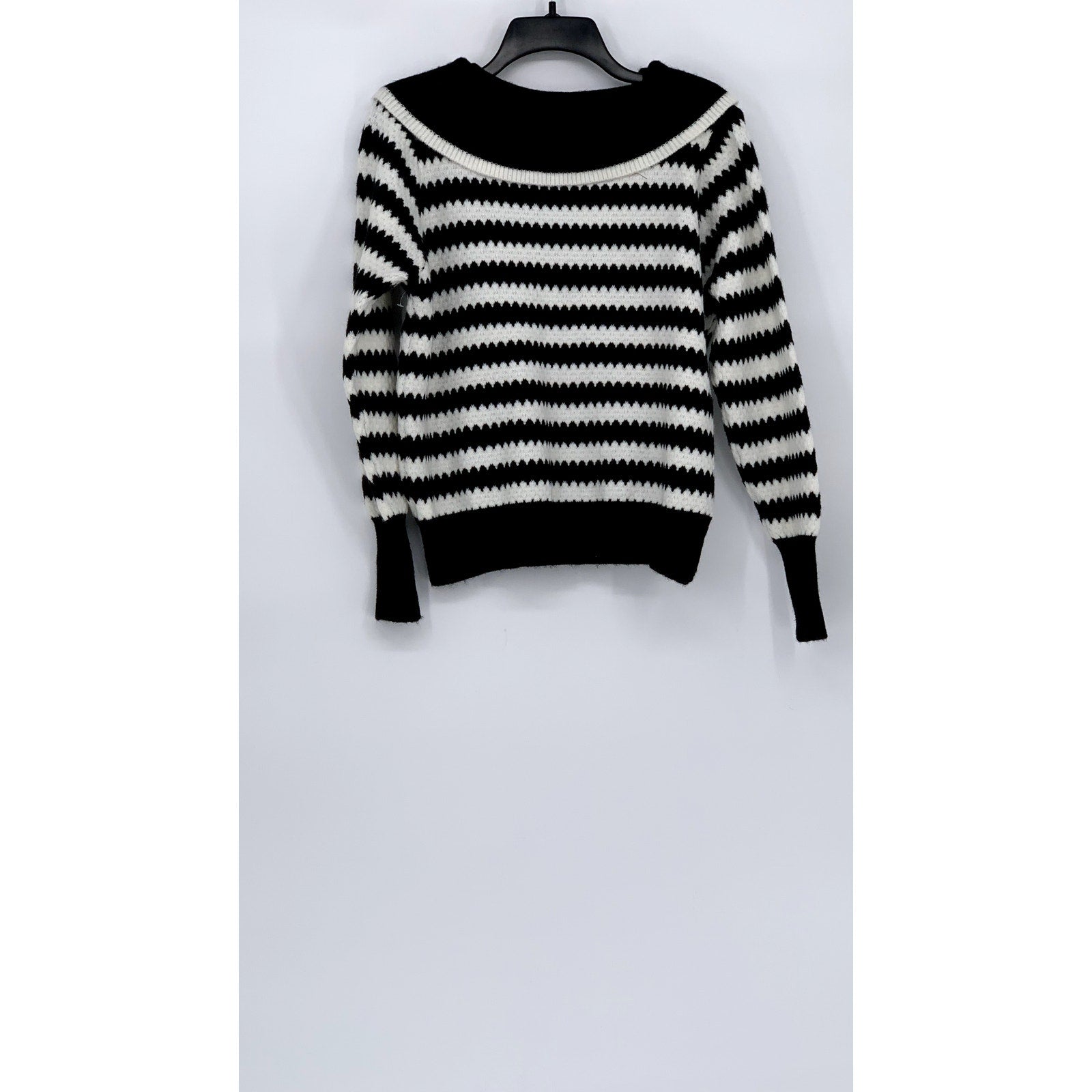 OVER KLESHAS Women’s Black-White Collared Knit Striped Sweater SZ L/XL