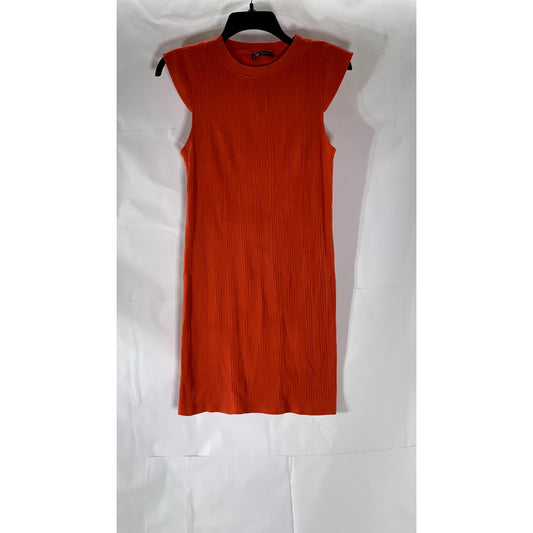ZARA Women's Orange Rib Knit Crewneck Cap Short Sleeve Mini A-Line Dress SZ M
