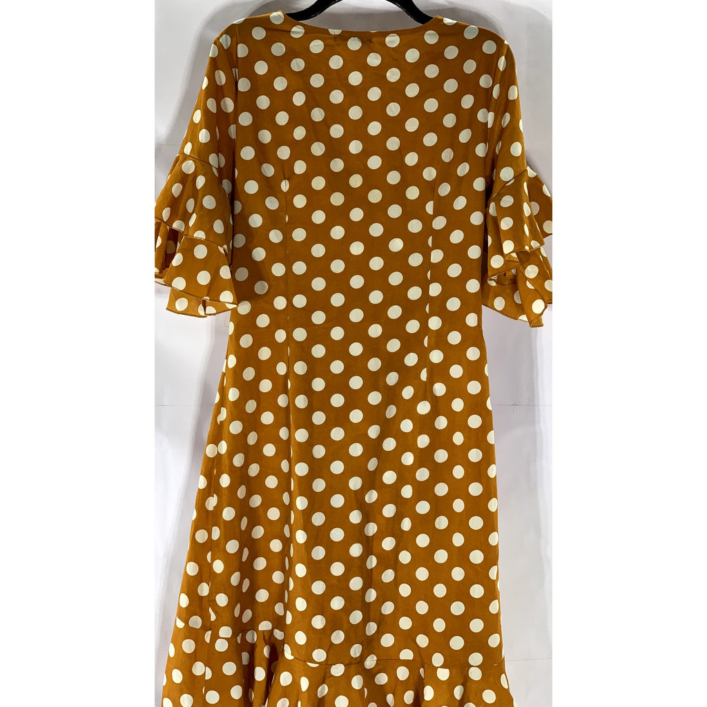 SHEIN Women's Carmel Brown-White Polka Dot Surplice Ruffle-Hem Dress SZ L