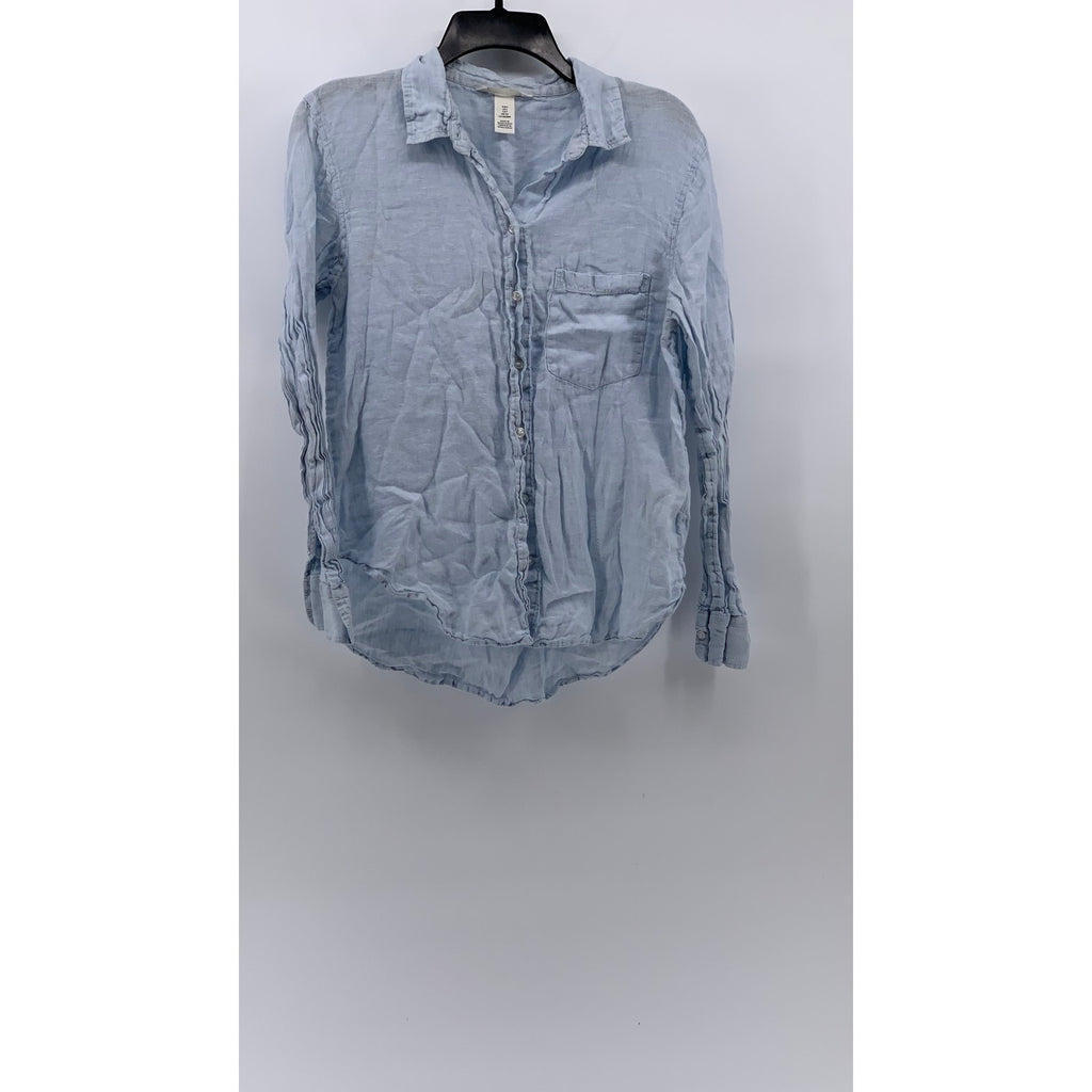 H&M Women’s Light Blue Linen Button-Up Regular-Fit Long Sleeve Top SZ S