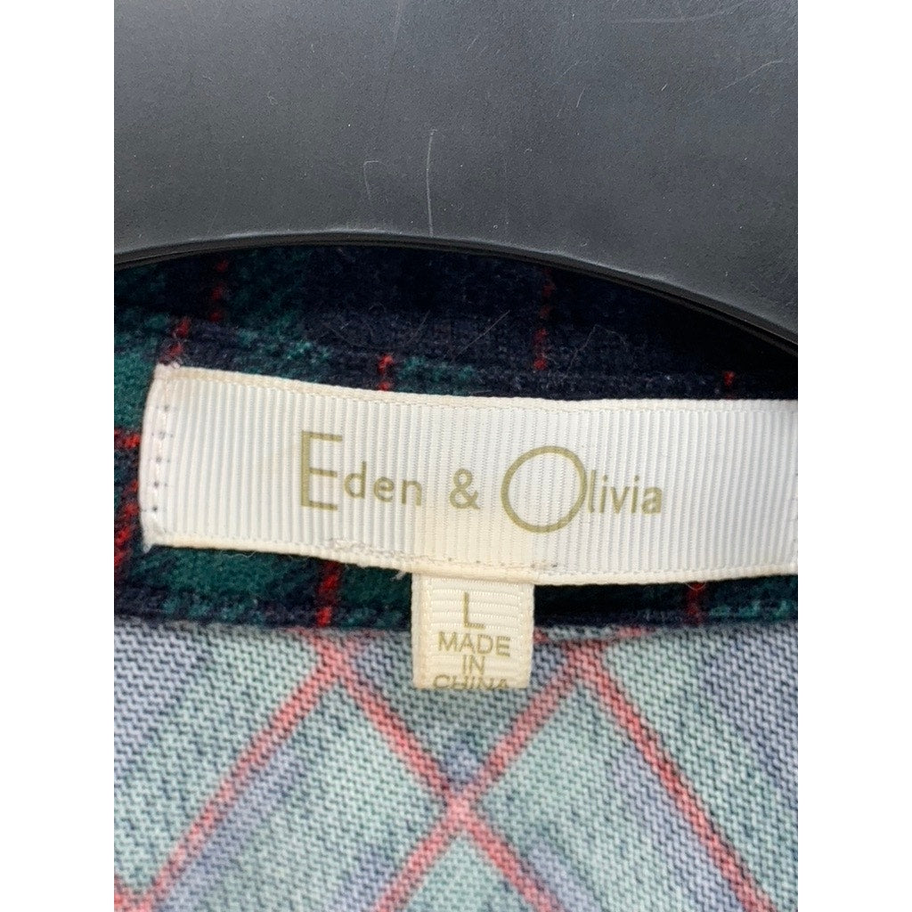 EDEN & OLIVIA Women's Navy-Green Plaid Button-Up Long Sleeve Top SZ L