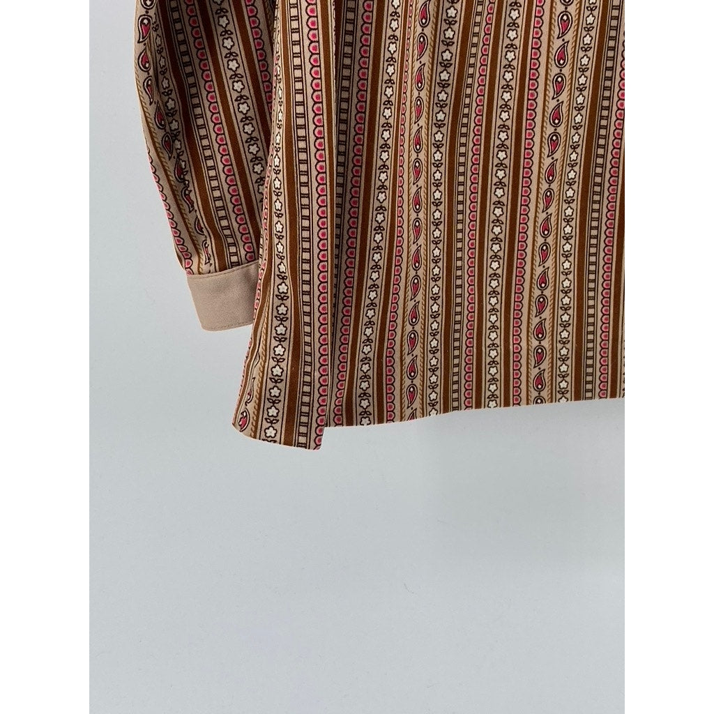 WEIDE Women's Vintage Brown Printed Button-Up Long Sleeve Top SZ S