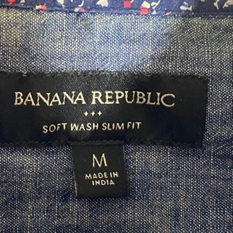 BANANA REPUBLIC Men's Blue Daisy Floral Soft Wash Slim-Fit Button-Up Shirt SZ M