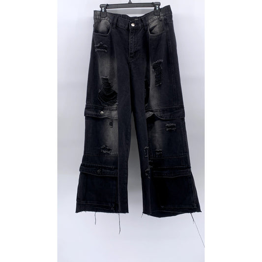 AMERICAN BAZI Women's Black Denim Distressed Baggy-Fit Wide-Leg Y2K Jeans SZ L