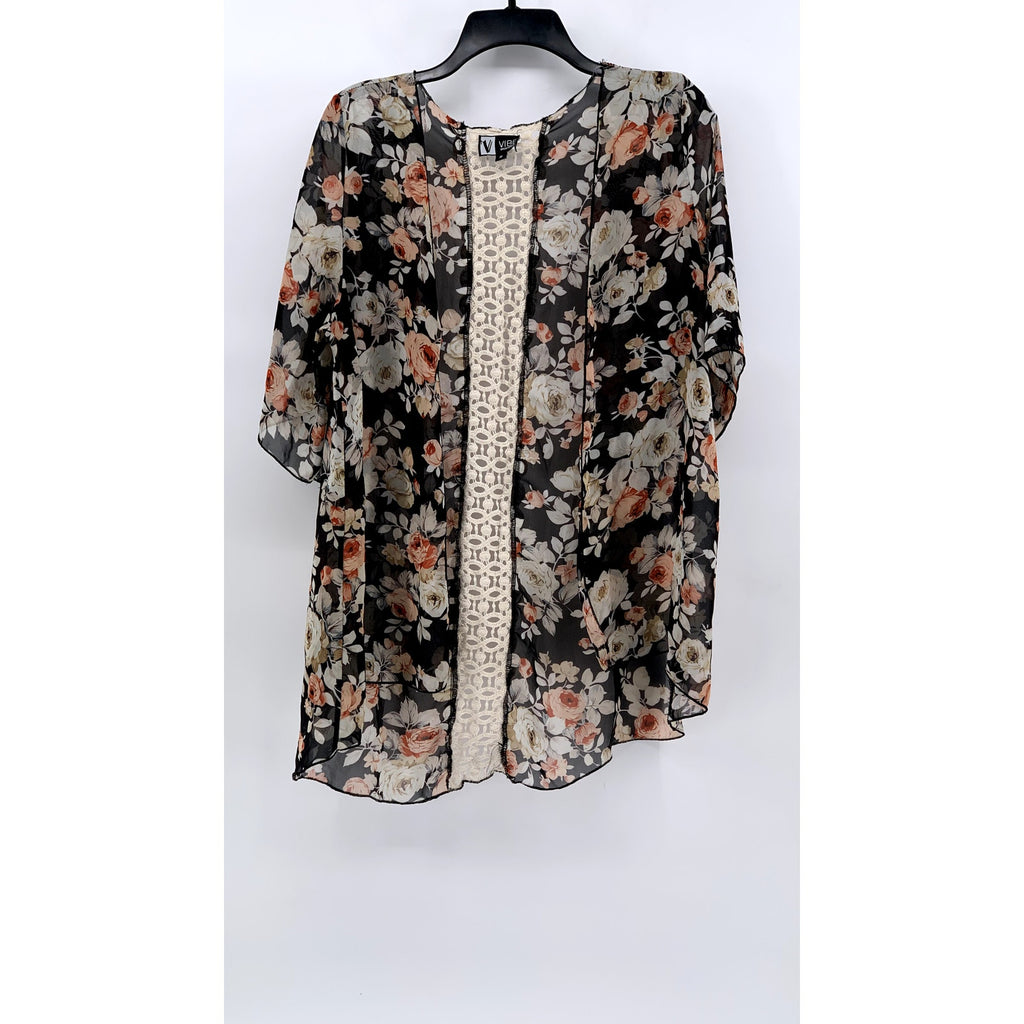 VIBE SPORTSWEAR Women's Black-Beige Floral Print Open-Front Kimono SZ S
