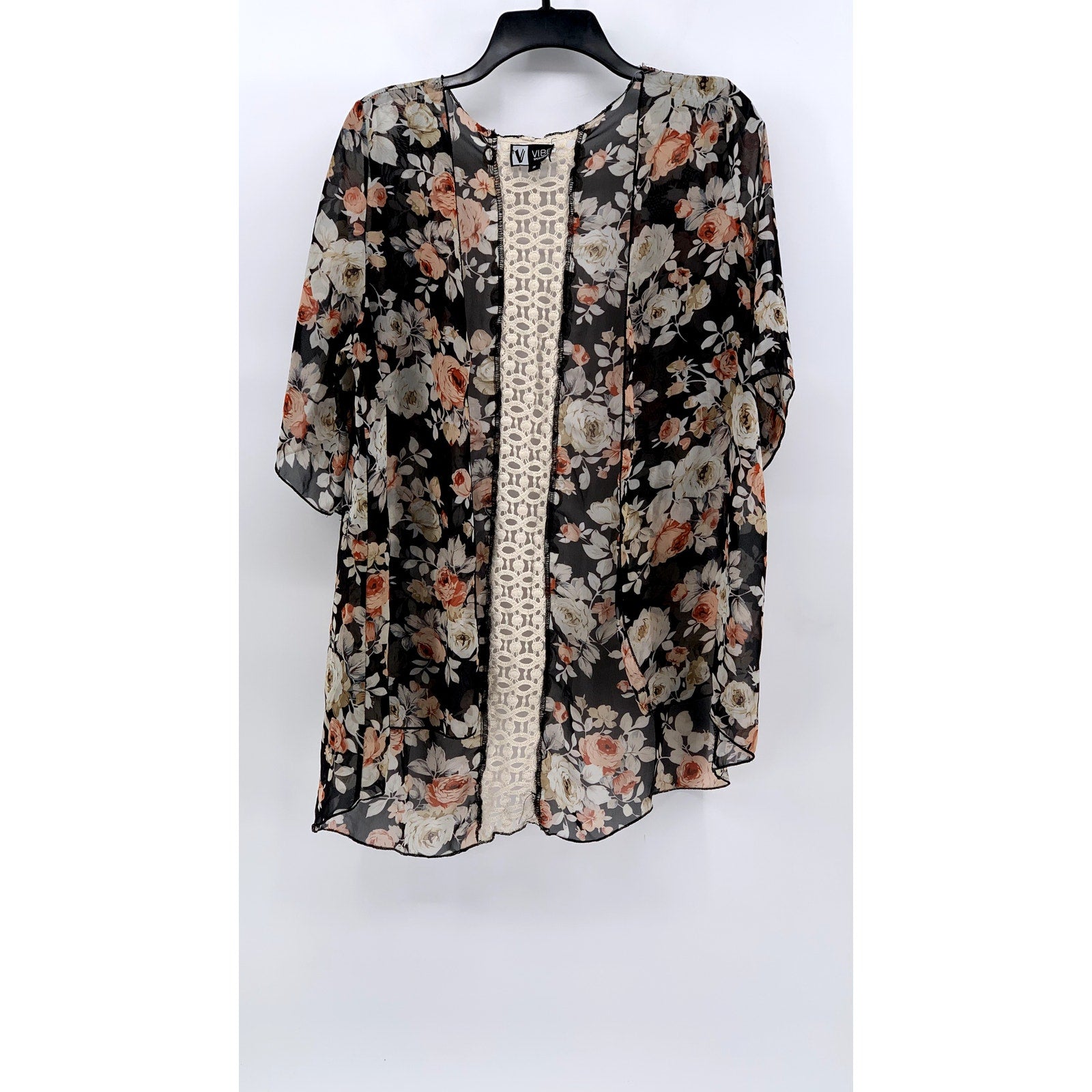 VIBE SPORTSWEAR Women's Black-Beige Floral Print Open-Front Kimono SZ S
