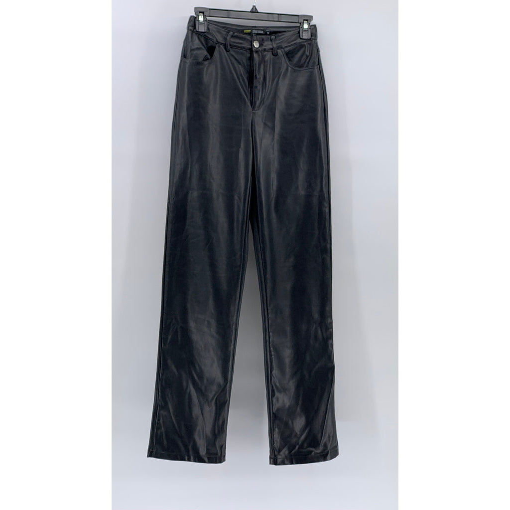 FINESSE Women’s Black Faux-Leather Solid High-Rise Straight-Leg Pant SZ XS