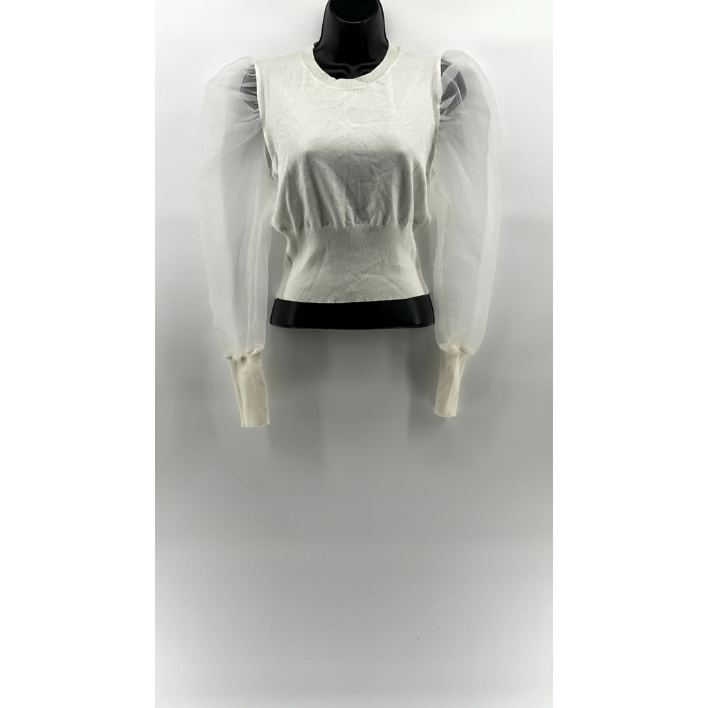 IDEM DITTO Women's White Crewneck Sheer Long Puff Sleeve Cropped Top SZ L