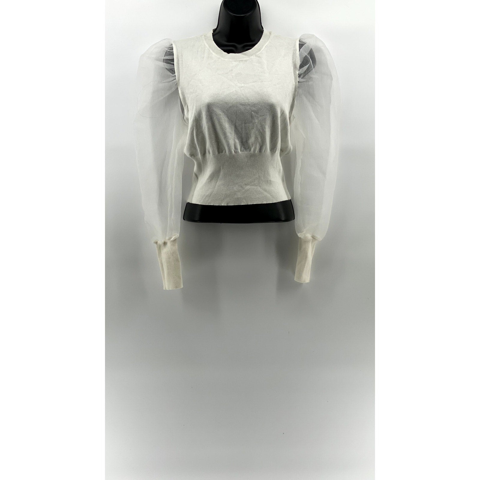 IDEM DITTO Women's White Crewneck Sheer Long Puff Sleeve Cropped Top SZ L