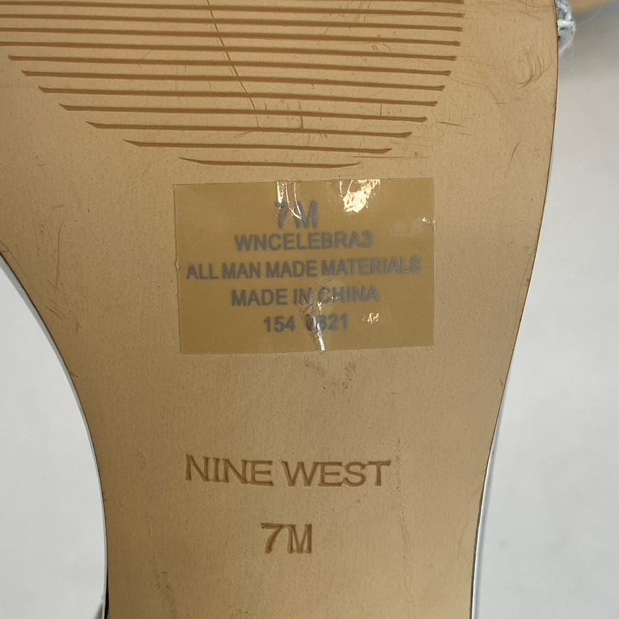 NINE WEST Women's Silver Celebra Sequin Ankle Strap Heeled Sandals SZ 7