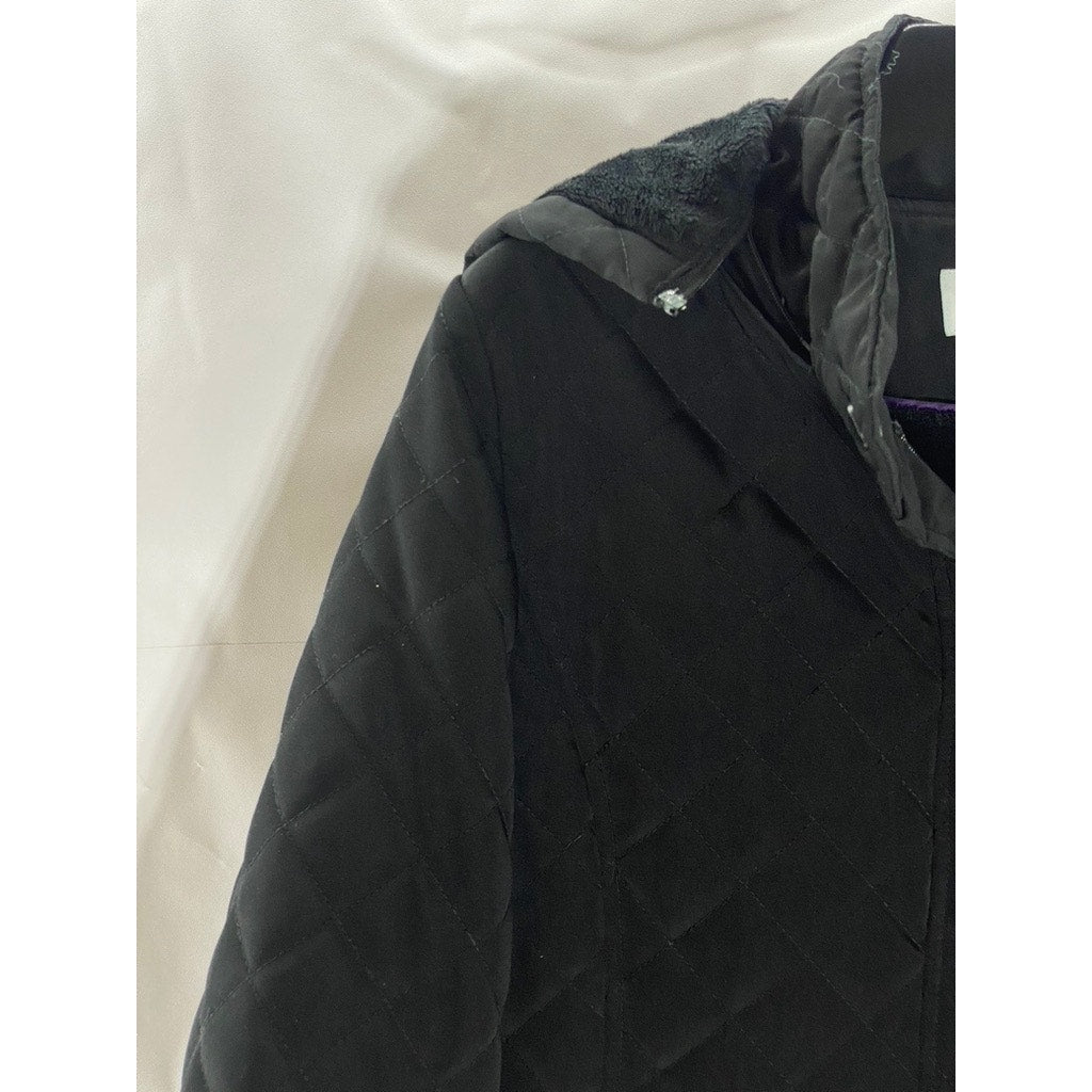 CALVIN KLEIN Women's Black Diamond Quilted Zip-Up Faux-Fur Hood Jacket SZ M
