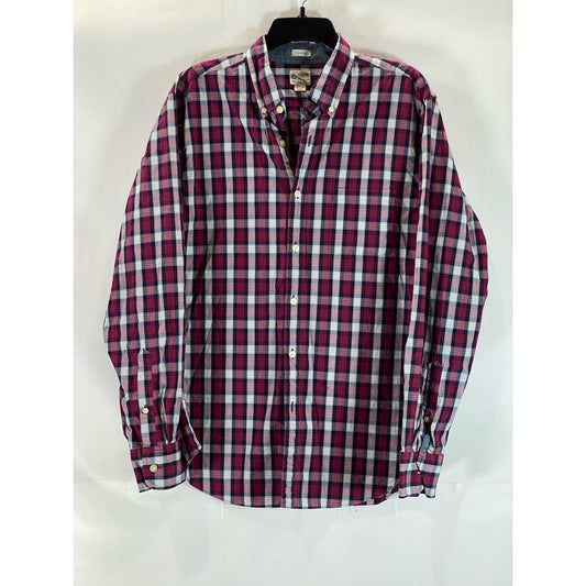 J. CREW Men's Red Checkered Washed Casual Tailored-Fit Button-Up Shirt SZ M