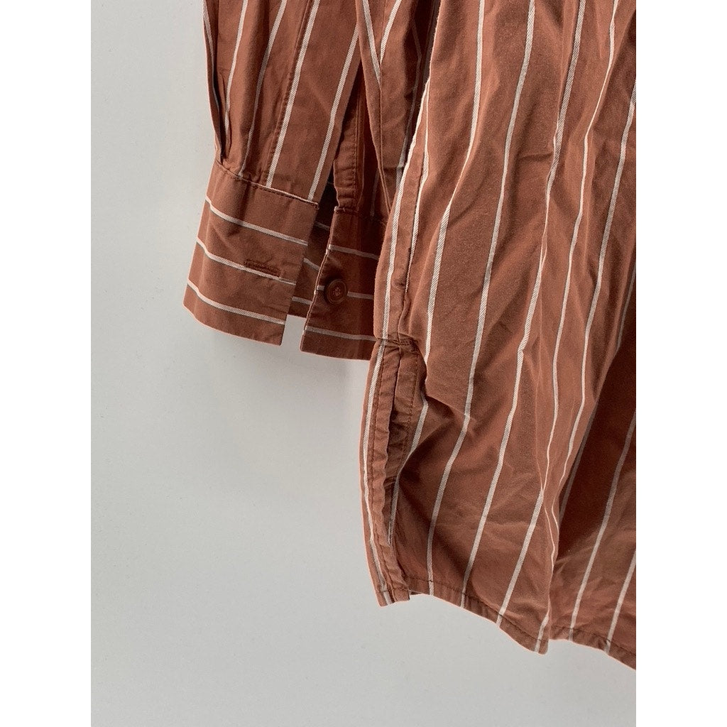 A NEW DAY Women's Terracotta-White Striped Button-Up Long Sleeve Top SZ L