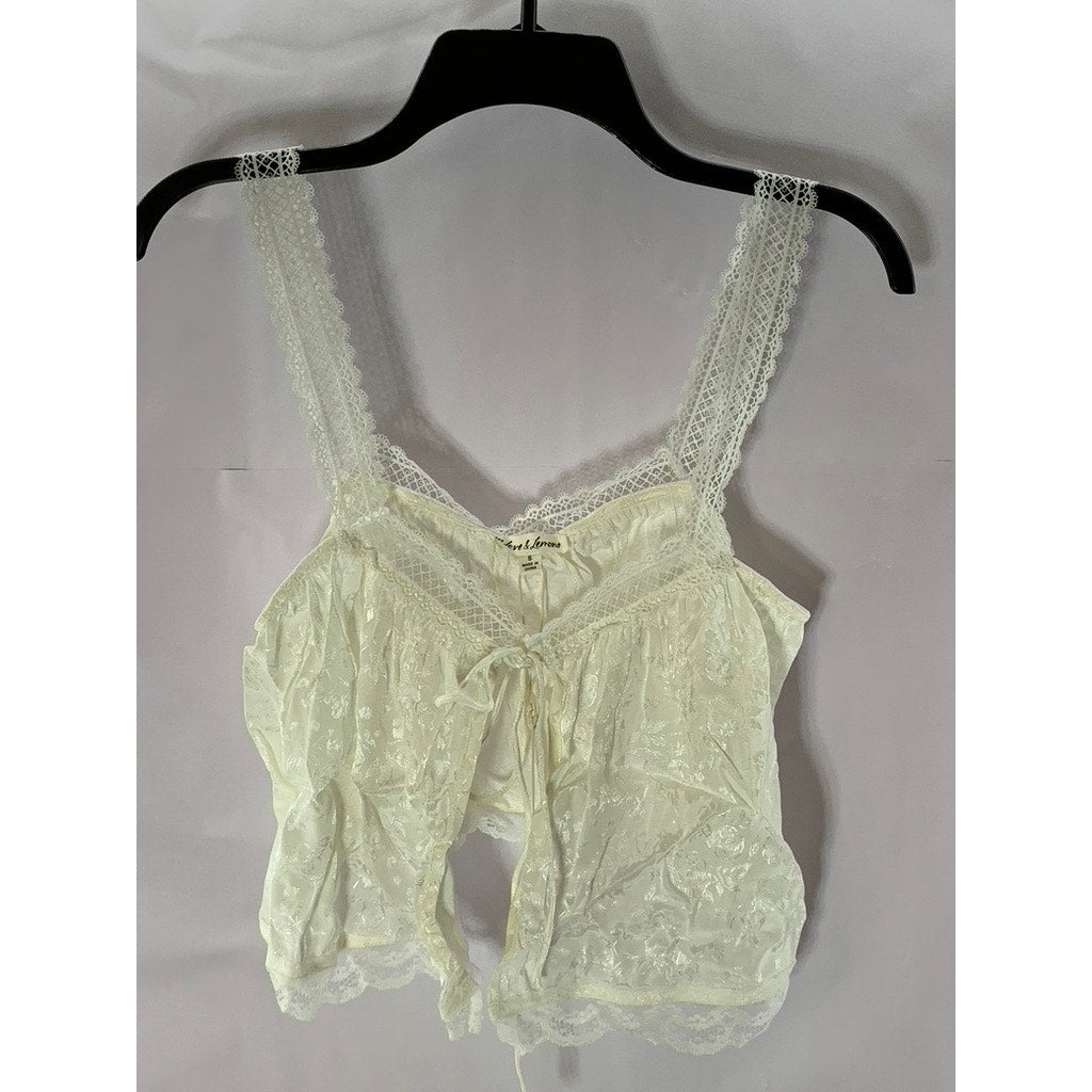 FOR LOVE AND LEMONS Women's Cream Elise Lace-Trim Floral Satin Tie-Front Top SZS