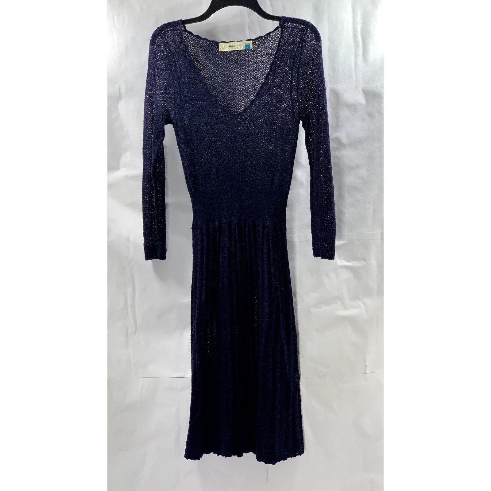 SPARROW Women's Navy Wool-Blend Crochet Knit V-Neck Long Sleeve Midi Dress SZ S