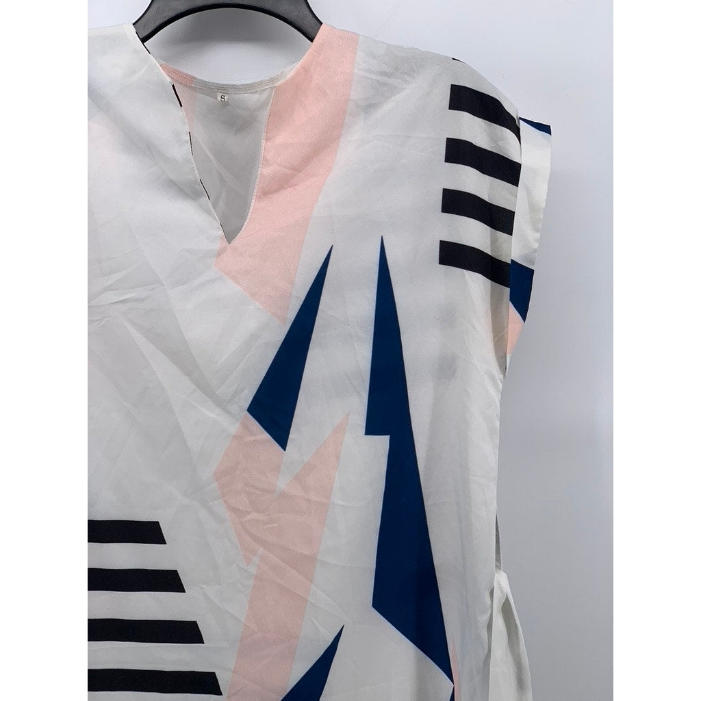 UNBRANDED Women's White-Pink-Black V-Neck Cuffed Slip A-Line Belted Dress SZ S