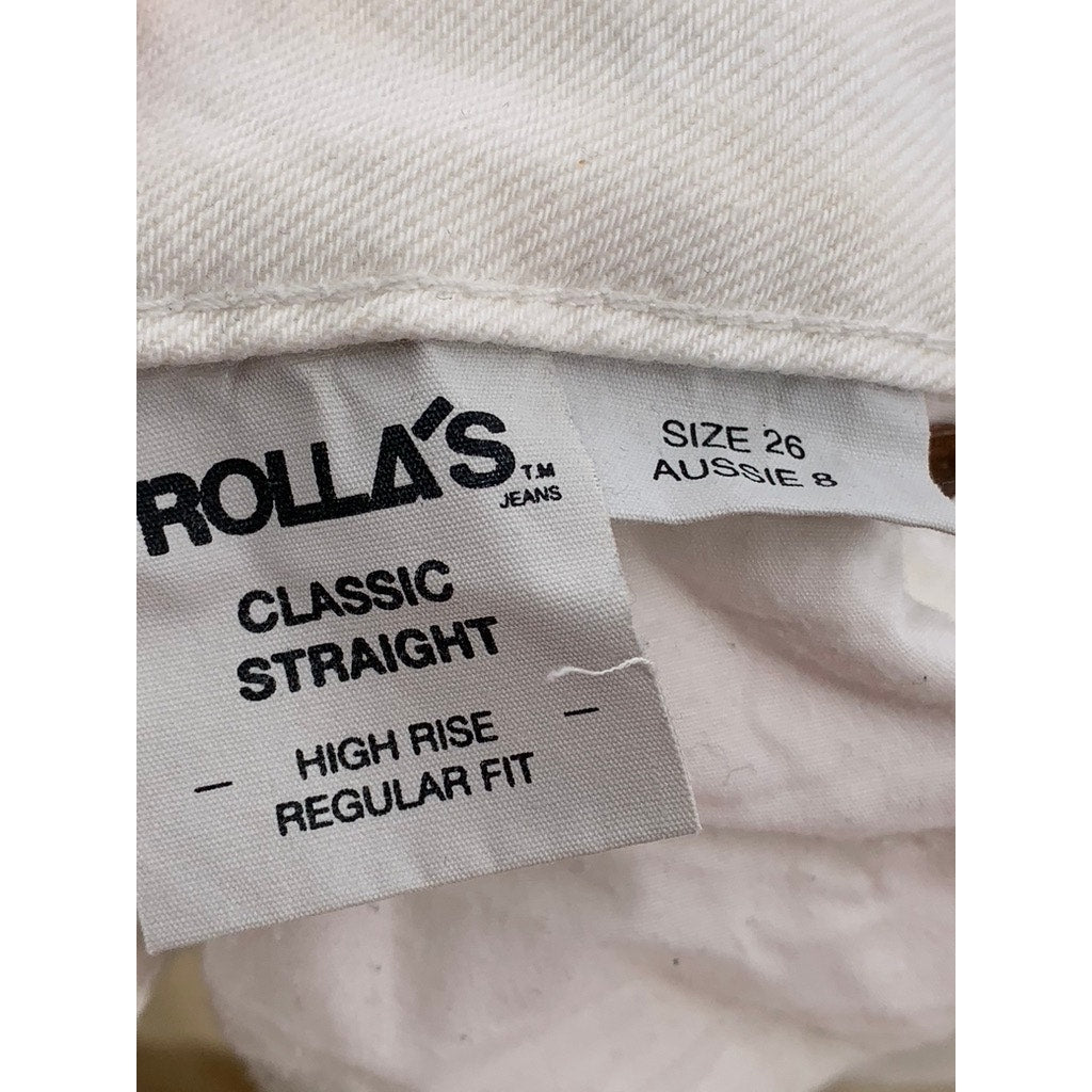 ROLLA'S Women's White Denim Classic Straight Leg High Rise Button-Fly Jeans SZ26